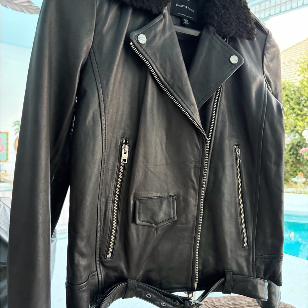Lucky Brand Black Leather Jacket with Silver Accents